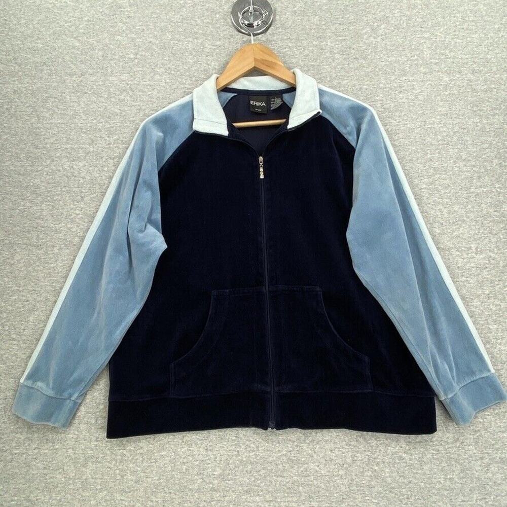 Vintage Erika Sport Jacket Womens Large Blue Velour Y2K 90s Track Full Zip Up